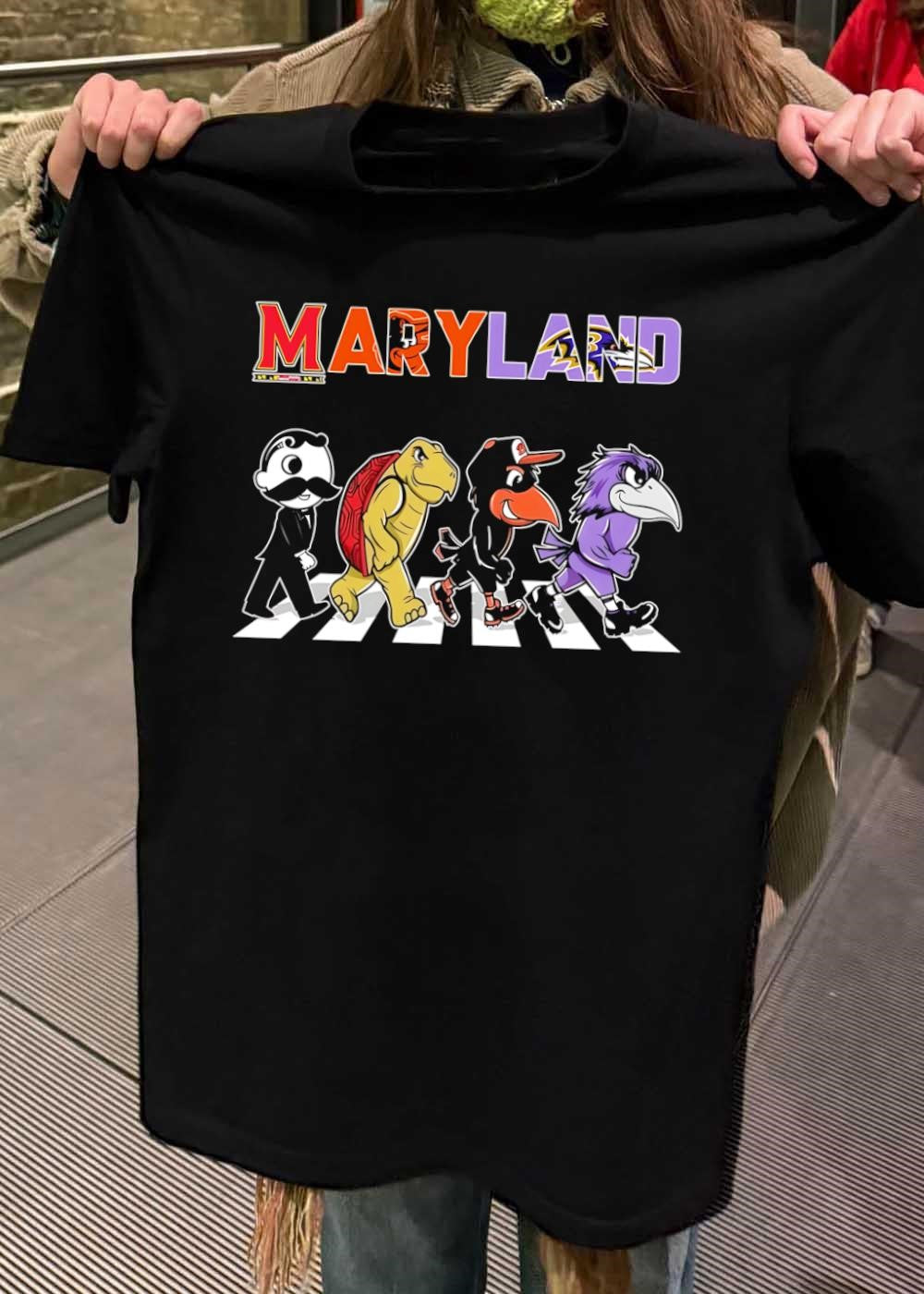 Natty Boh, Testudo, Oriole, and Raven Walking across Abbey Road Maryland Shirt