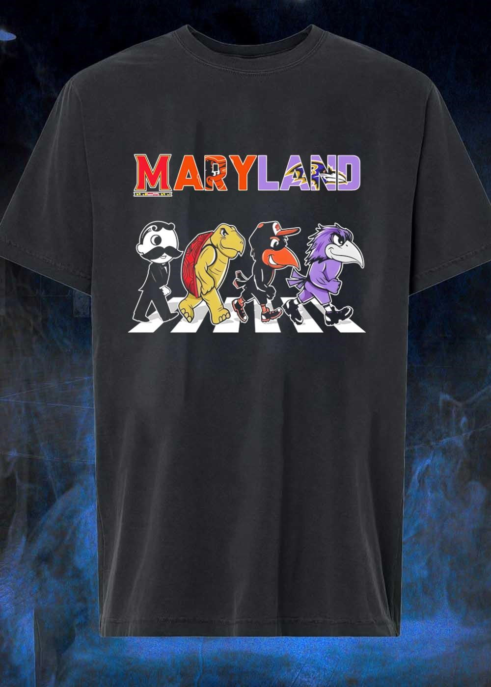 Natty Boh, Testudo, Oriole, and Raven Walking across Abbey Road Maryland Shirt