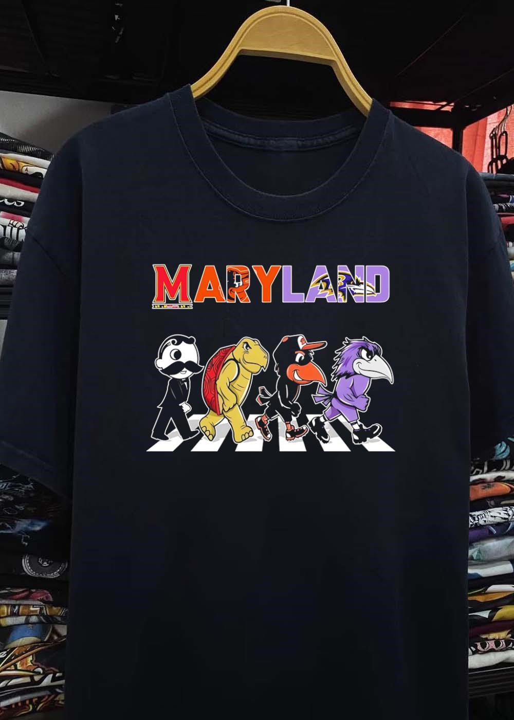 Natty Boh, Testudo, Oriole, and Raven Walking across Abbey Road Maryland Shirt