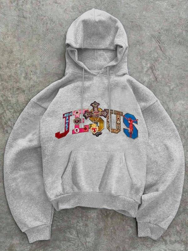 Neutral Hoodie with Vibrant Jesus Print and Cross Pattern, Christian Street Style Pullover for Fall & Winter Casual Wear...
