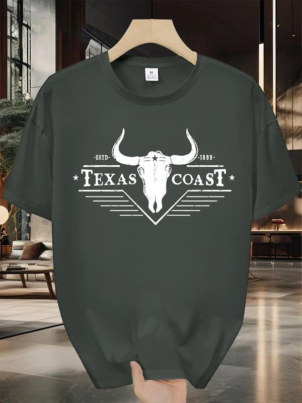 New "Texas Shore" letter cow print T-shirt, short sleeve Four Seasons Fashion brand comfortable T-shirt top, men's...