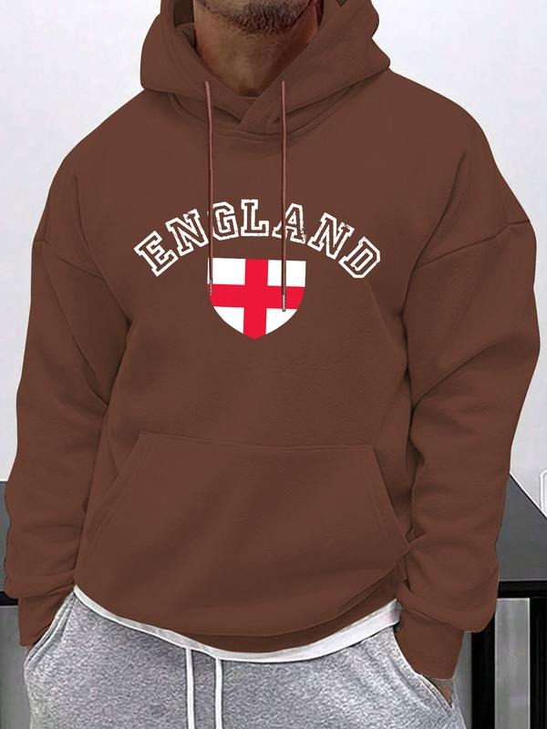 New England Letter Print Comfortable Men's Hooded Sweatshirt, Fall & Winter Casual Loose Fit Geometric Pattern Hoodie Top...