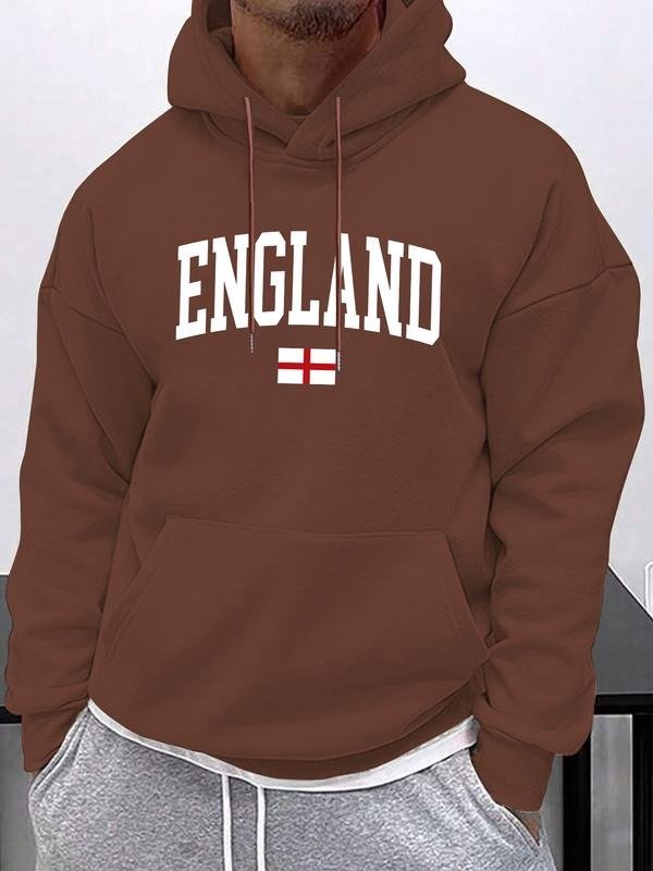 New England Letter Print Comfortable Men's Hoodie, Casual Drawstring Hooded Sweatshirt, Fall & Winter Fashion, Mens...