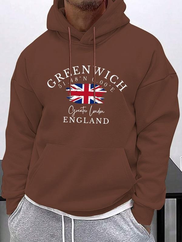 New England London Letter Print Comfortable Men's Hoodie, Fall & Winter Casual Geometric Pattern Fitted Pullover...