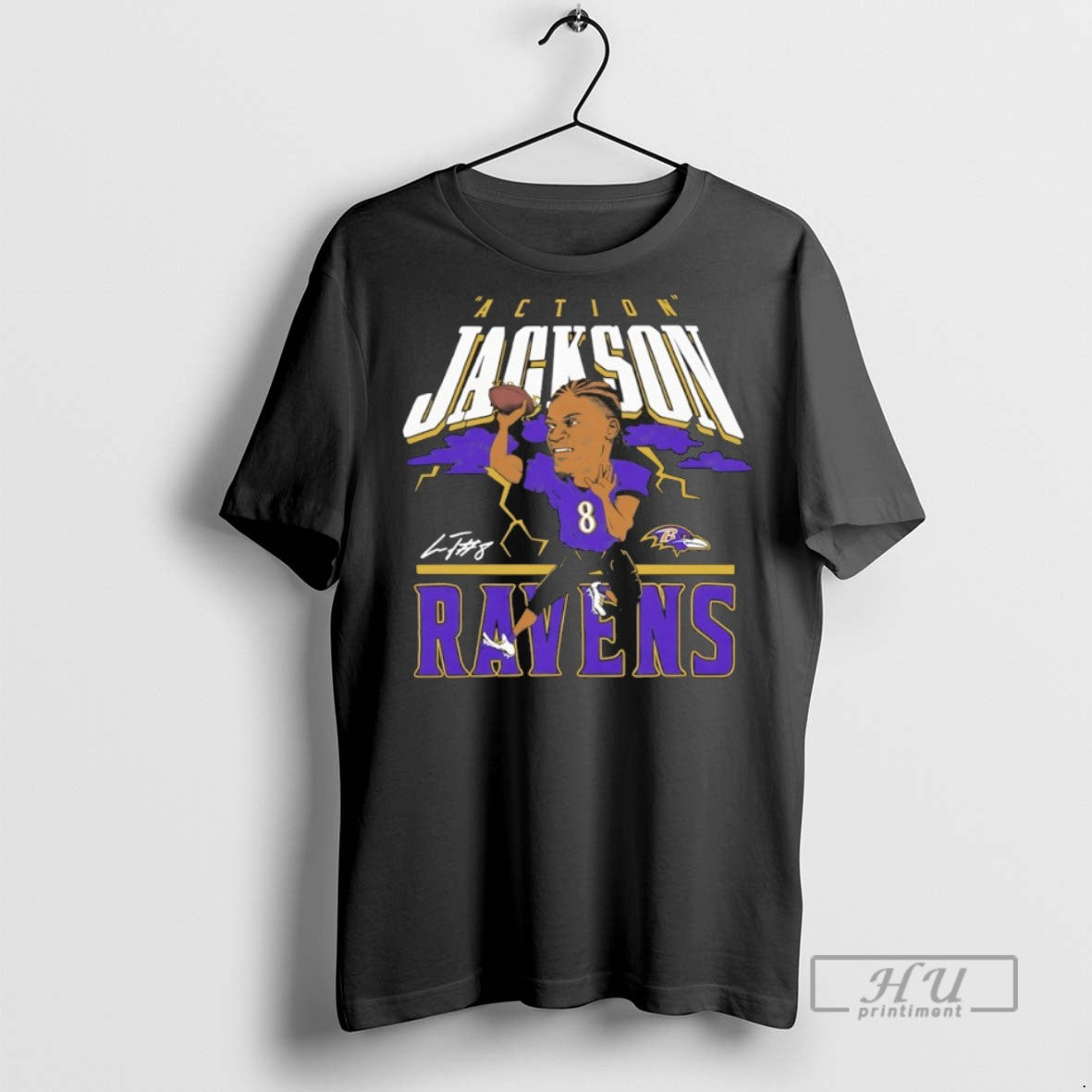 New Lamar Jackson Action Baltimore Ravens Signature Caricature Tee Shirts Sweatshirt Hoodies