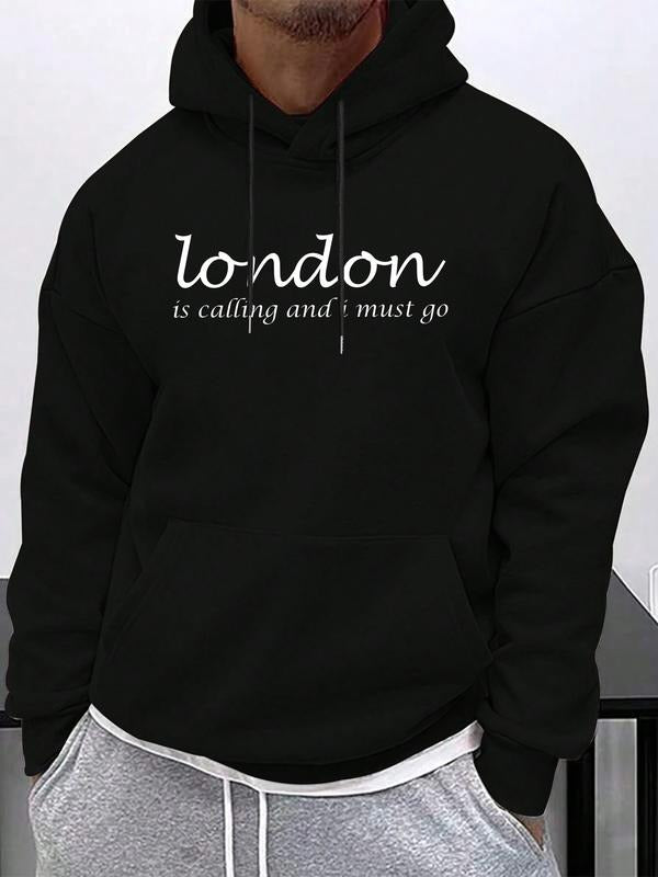 New London Calling Letter Print Comfortable Men's Hoodie, Casual Drawstring Hooded Sweatshirt, Fall & Winter Fashion,...