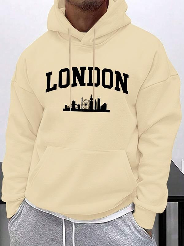 New London Letter Print Comfortable Men's Hoodie, Autumn Winter Solid Color Graphic Pullover, Casual Fitted Long Sleeve...