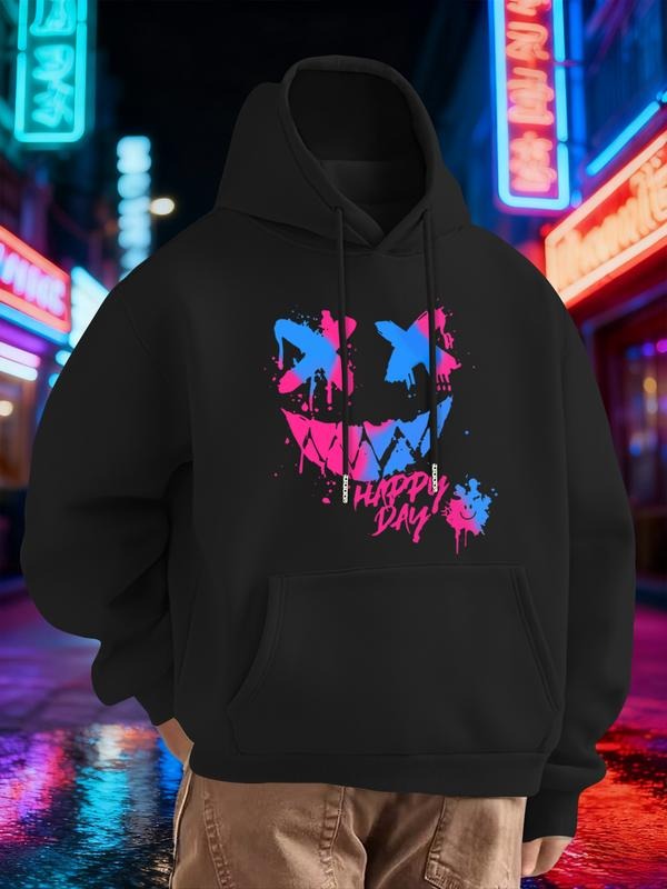 New Loose Hooded Sweatshirt, Fun Geometric Smiley Face Print, & Blue Cross Eye Pattern, Trendy Unisex Fall Winter Wear...