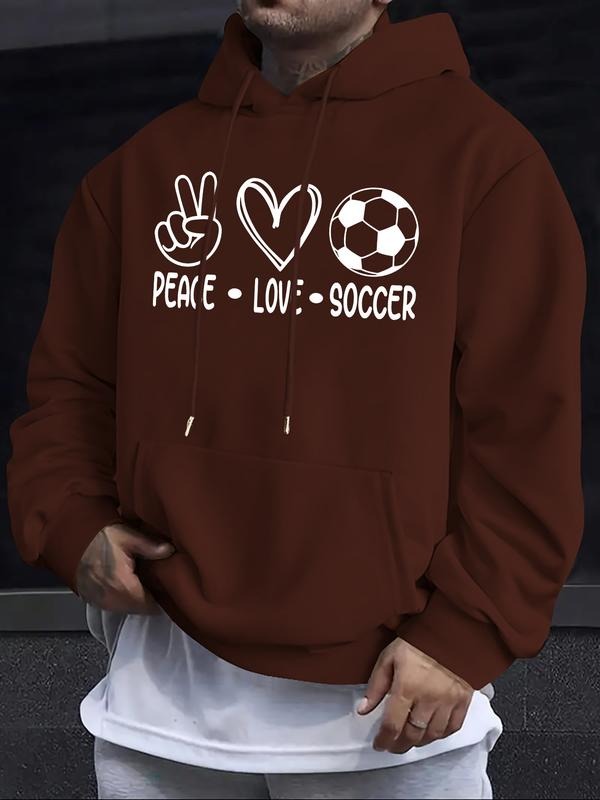 New Peace Love Football Letter Print Comfortable Men's Hoodie, Casual Drawstring Hooded Sweatshirt, Fall & Winter...