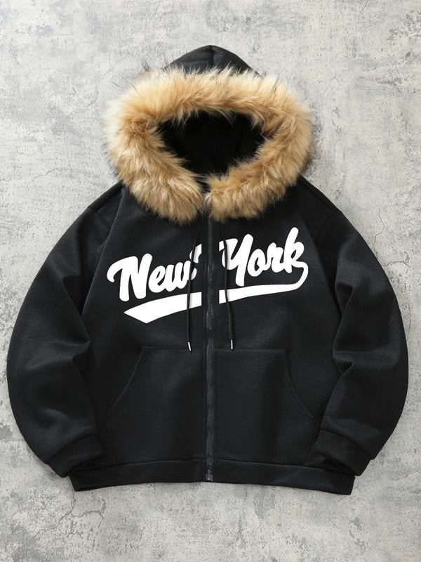 New York Font Print Fleece-Lined Hoodie with Zipper, Urban Casual Street Style, Tiktok Trendy Winter Fashion, Must-Have...