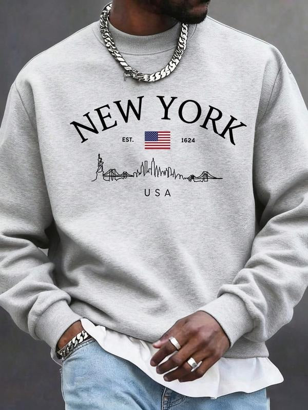 New York Skyline Minimalist Print Round Neck Sweatshirt, City Culture Print, Urban Casual Aesthetic, Tiktok Trendy City...