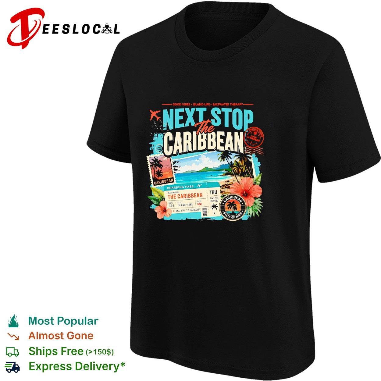 Next stop the Caribbean good vibes island life saltwater therapy boarding pass shirt