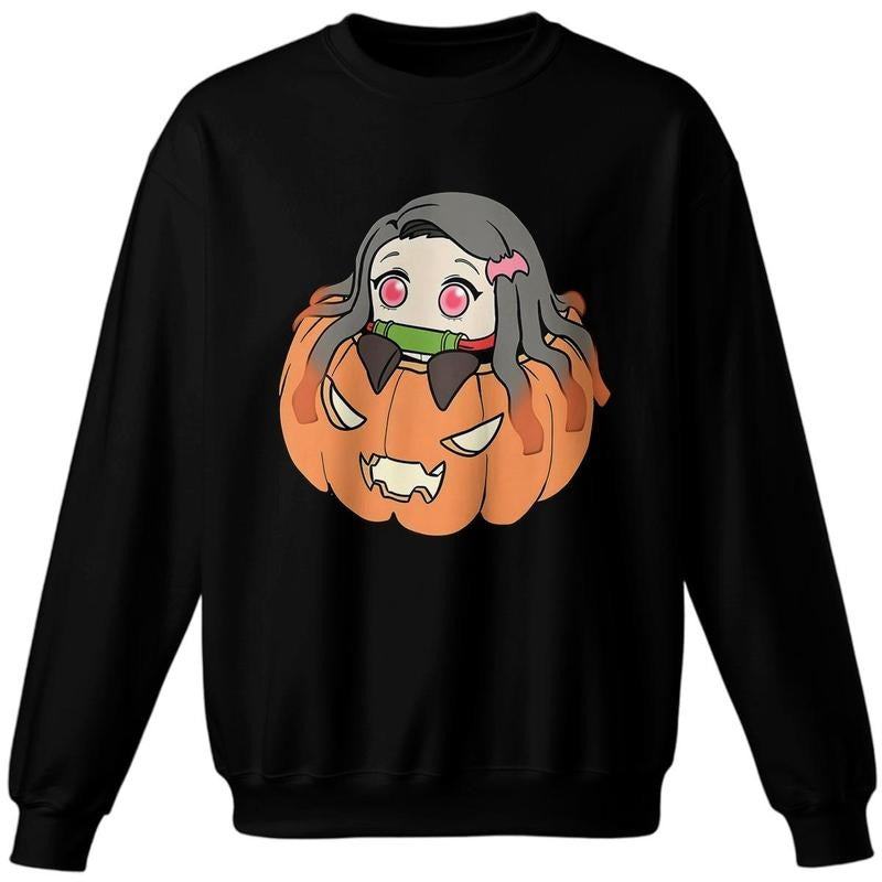 Nezuko with Halloween Pumpkins T-shirt, Sweatshirt, Fall T-Shirt, Cute Anime Tee,Cute Chibi Shirt, Anime Fans Tee, Anime...