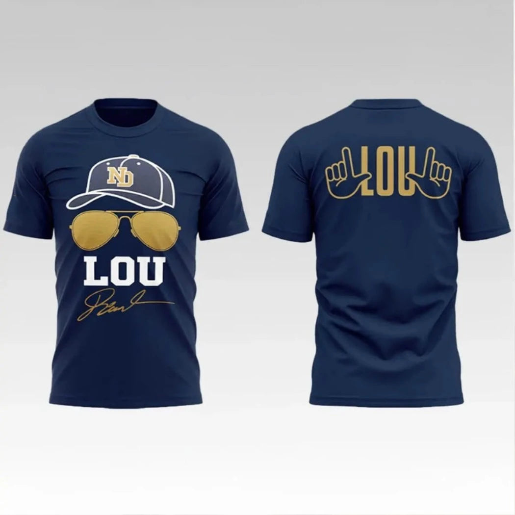 Nice 2026 Notre Dame Football Lou Holtz Signature Logo Two Sided Shirt