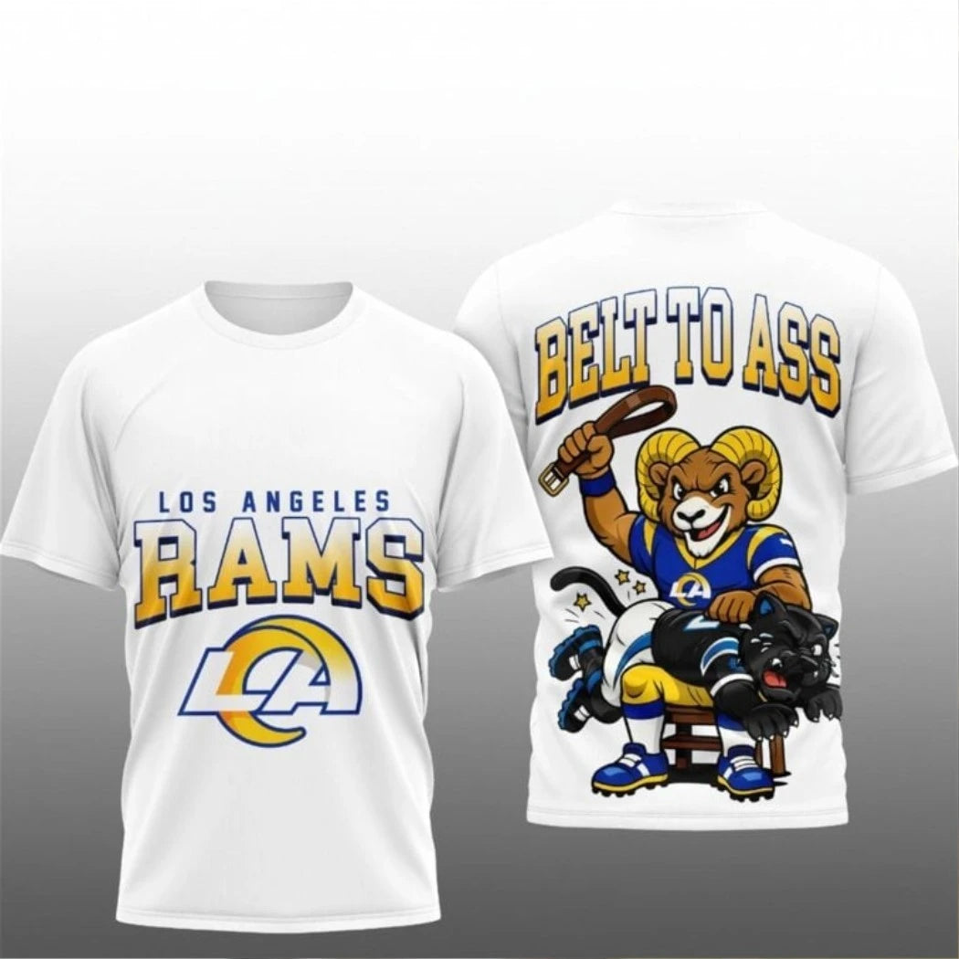 Nice LA Rams Beat Panthers Belt To Ass Mascot And Logo Two Sided Shirt
