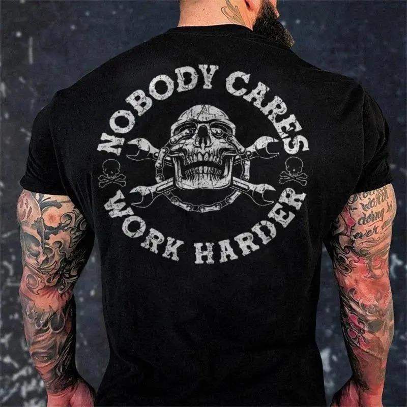 Nobody Cares Work Harder Skull Print Gym T-Shirt, Men's Motorcycle Streetwear, Menswear Graphic Tee, Gift for Women for...