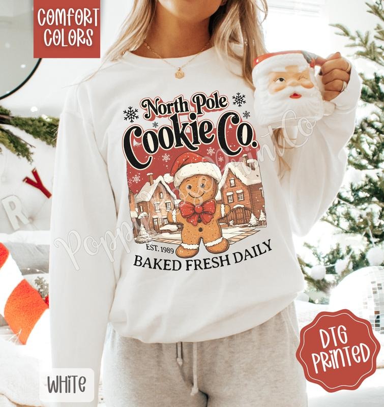 North Pole Cookie Co Comfort Colors Sweatshirt, Trendy Women's Christmas Crewneck T-Shirts, Hoodie | PodTeesHub.com