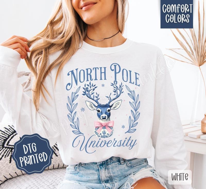 North Pole University Comfort Colors Long Sleeve T-Shirt, Trendy Christmas Women's Tee Hoodie, Sweatshirt | PodTeesHub.com