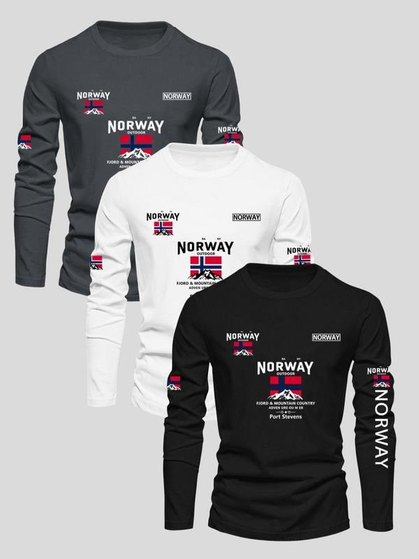Norway Outdoor Graphic Long Sleeve T-Shirt | Multi-Color Oversized Tees with Fjord & Mountain Print | Trendy Scandinavian...