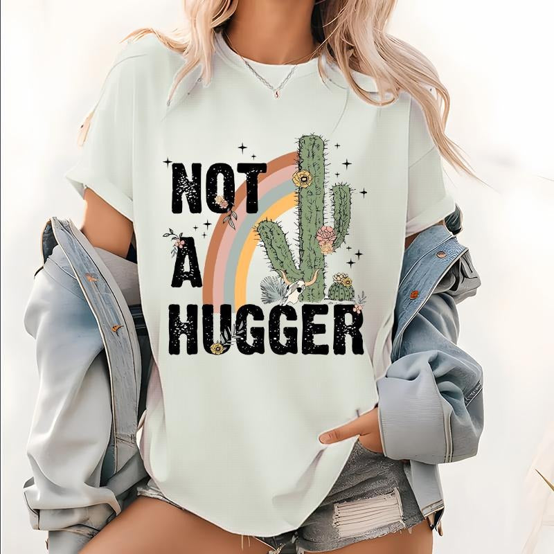 Not A Hugger Retro Pattern T Shirt, Cactus Rainbow Boho Graphic Tops,  Cute Plant Shirt, Cactus Plant Tee Hoodie, Sweatshirt
