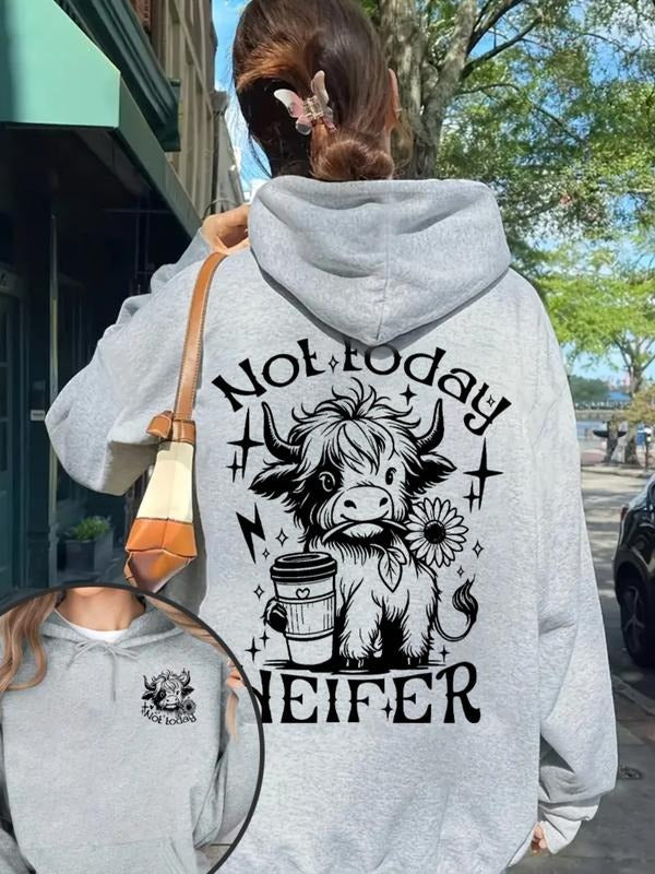 "Not Today Heifer" Highland Cow Graphic Hoodie - Women's Heather Gray Casual Farmcore Sweatshirt T-Shirts | PodTeesHub.com