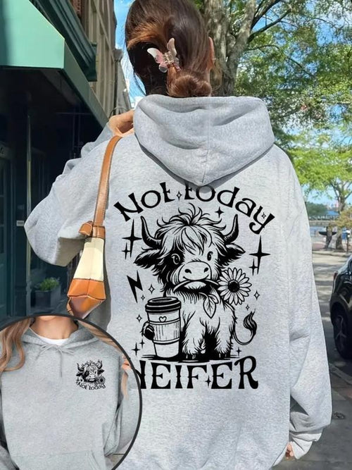 "Not Today Heifer" Highland Cow Graphic Hoodie - Women's Heather Gray Casual Farmcore Sweatshirt T-Shirts | PodTeesHub.com