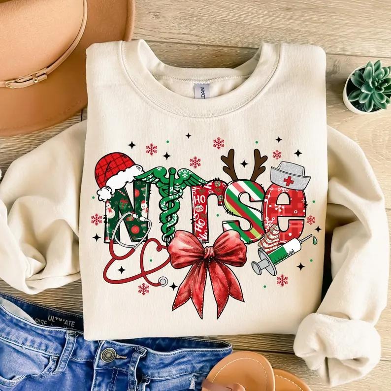 Nurse Christmas Sweatshirt and T-Shirt, Retro Holiday Coquette Shirt with Bow, Merry Xmas Gift for School Nurse, Cute...