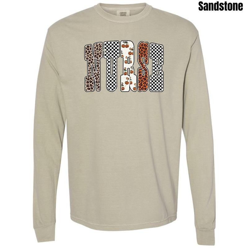 Nurse Pumpkin Pattern Comfort Colors Long Sleeve T-Shirt 'NLB' Hoodie, Sweatshirt | PodTeesHub.com