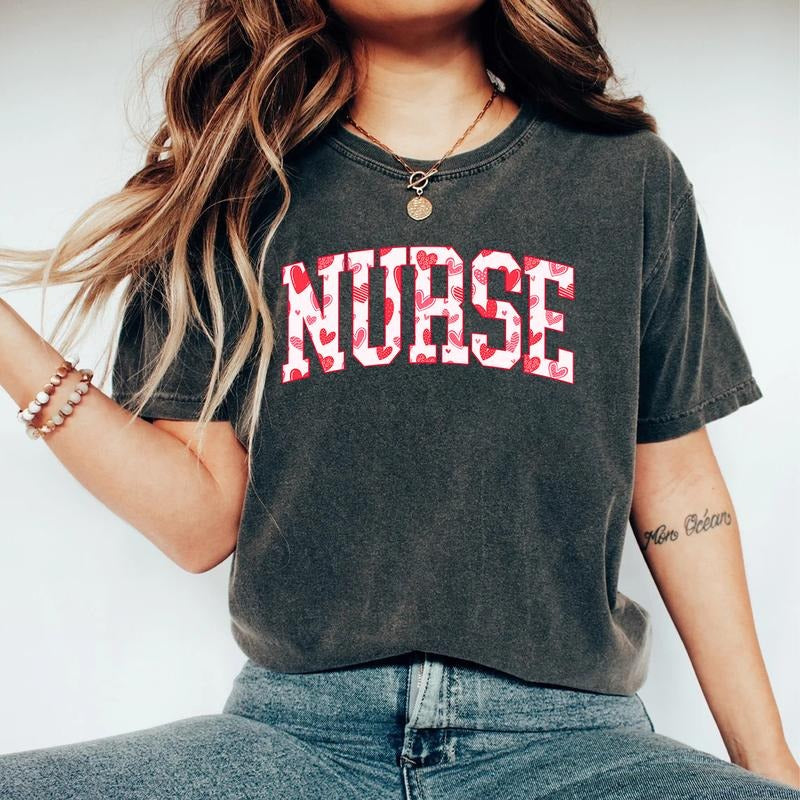 Nurse Valentine Shirt - Retro Collegiate Heart Pattern Graphic Sweatshirt