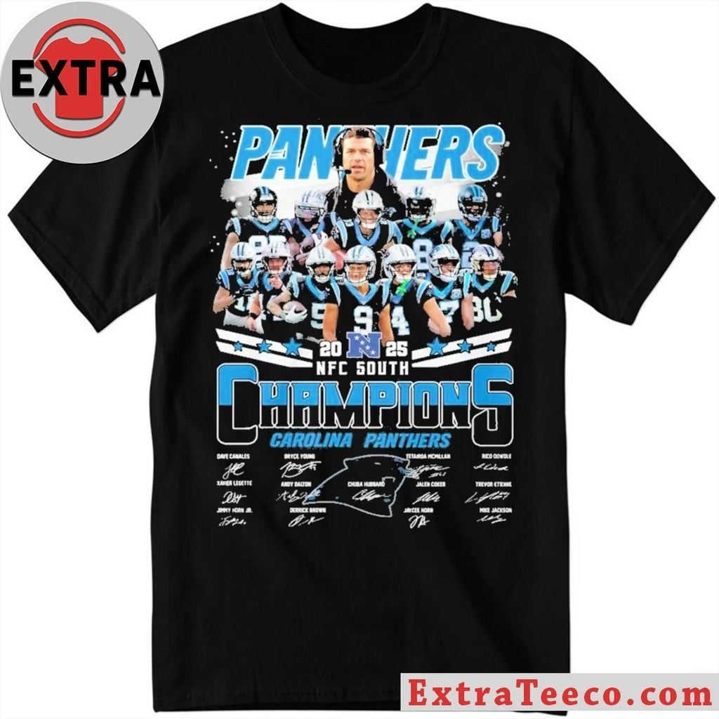 Official Carolina Panthers 2023-2025 NFC South Champions t-shirt featuring player images and signatures