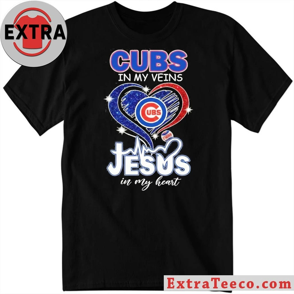 Official Chicago Cubs In My Veins Jesus In My Heart Logo T-Shirt