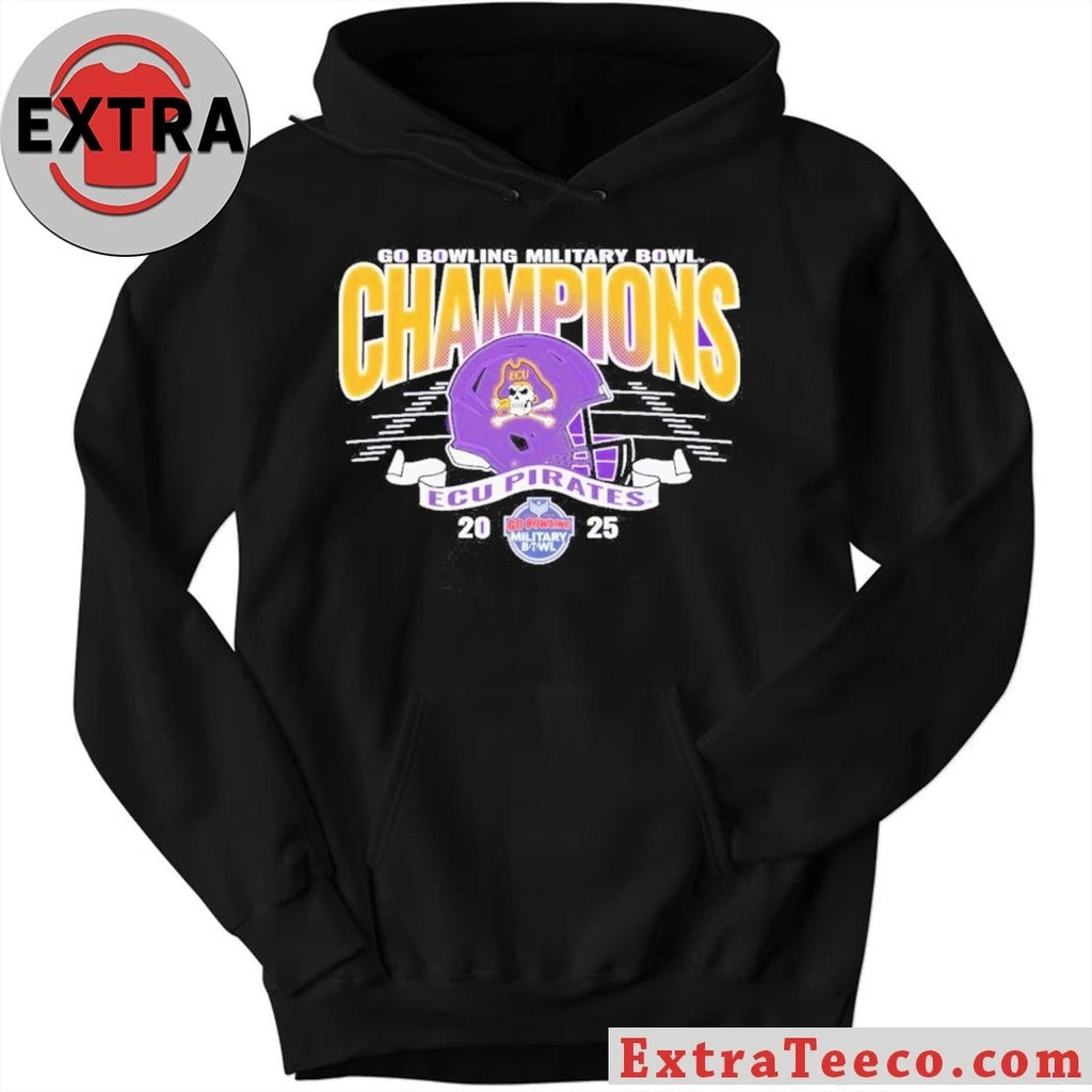 Official Congrats ECU Pirates 2025 Military Bowl Champions Unisex Blue 84 Purple Helmet And Logo T-Shirt