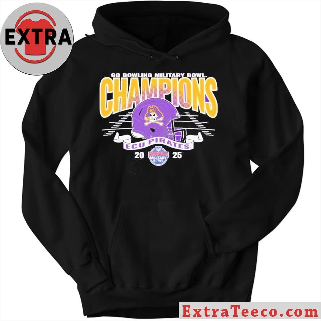 Official Congrats ECU Pirates 2025 Military Bowl Champions Unisex Blue 84 Purple Helmet And Logo T-Shirt