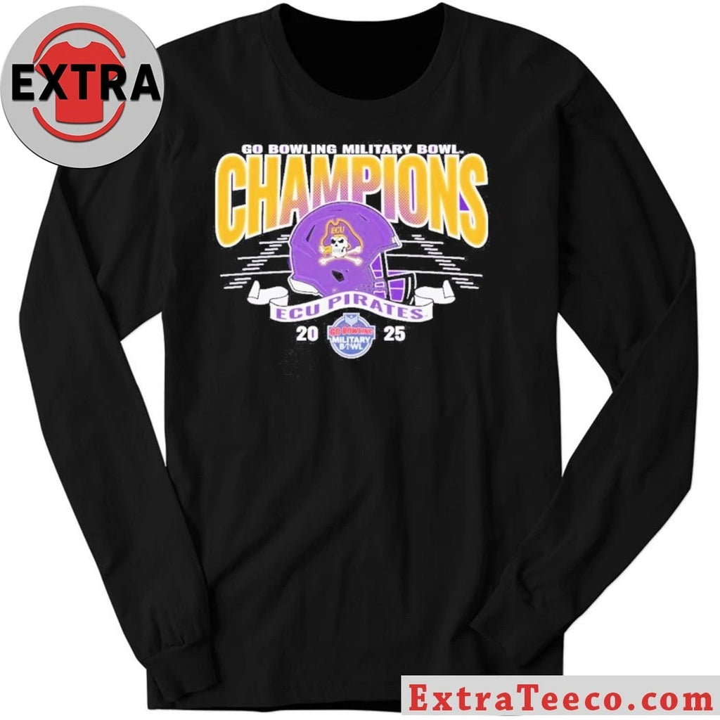Official Congrats ECU Pirates 2025 Military Bowl Champions Unisex Blue 84 Purple Helmet And Logo T-Shirt