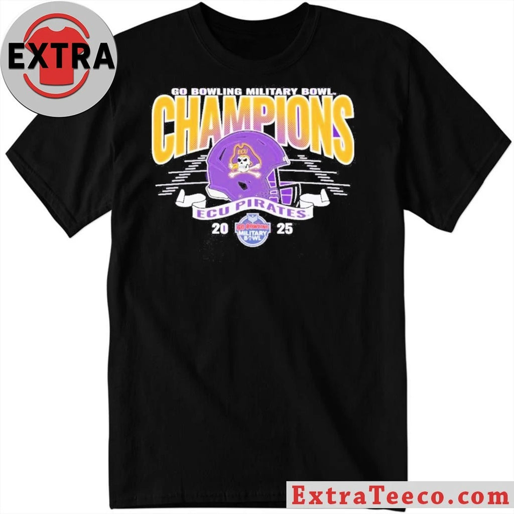 Official Congrats ECU Pirates 2025 Military Bowl Champions Unisex Blue 84 Purple Helmet And Logo T-Shirt