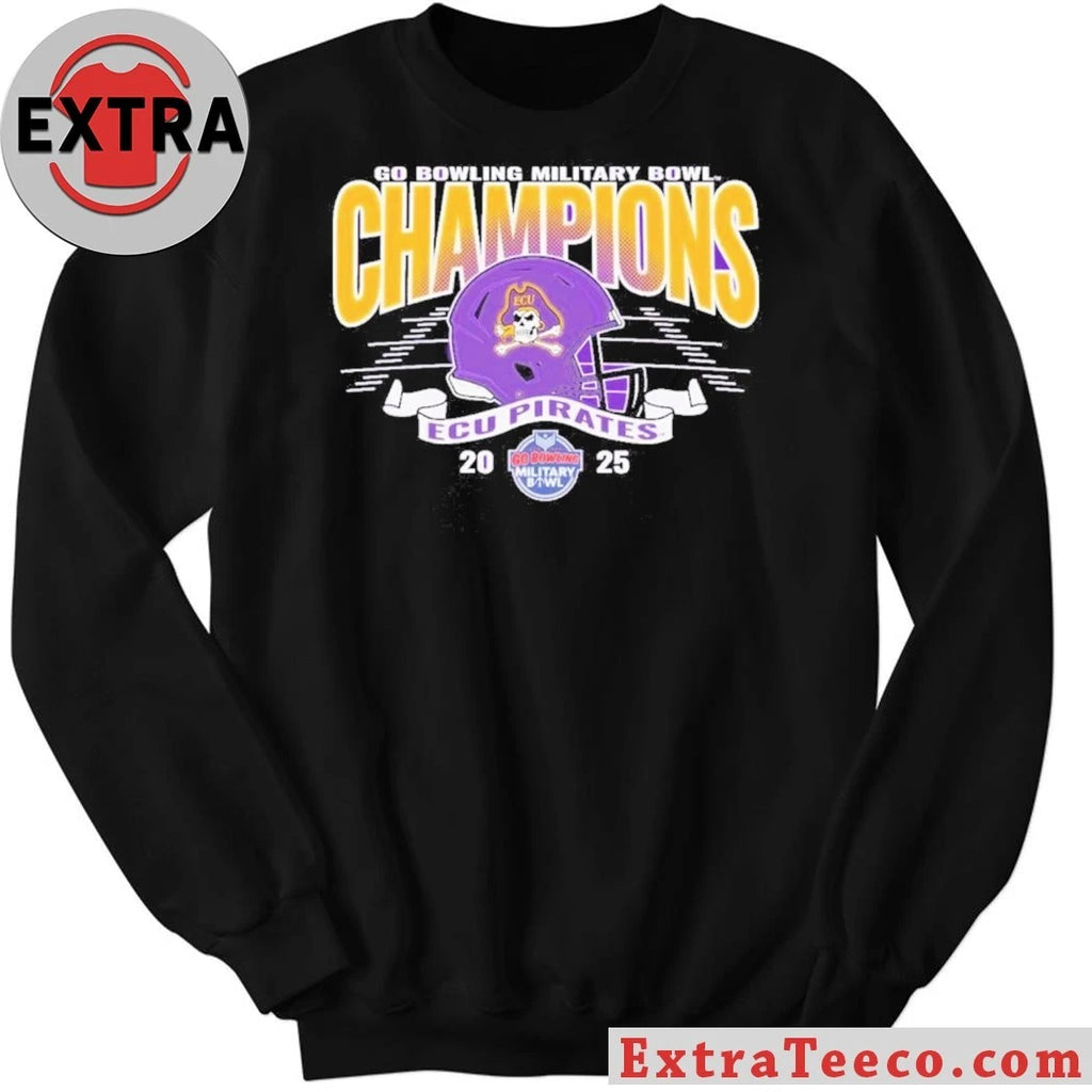 Official Congrats ECU Pirates 2025 Military Bowl Champions Unisex Blue 84 Purple Helmet And Logo T-Shirt