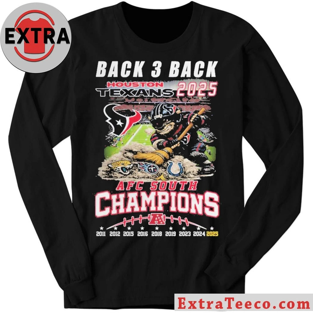 Official Houston Texans 2025 AFC South Champions Back-3-Back Mascot T-Shirt