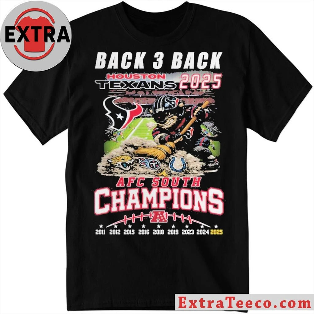 Official Houston Texans 2025 AFC South Champions Back-3-Back Mascot T-Shirt