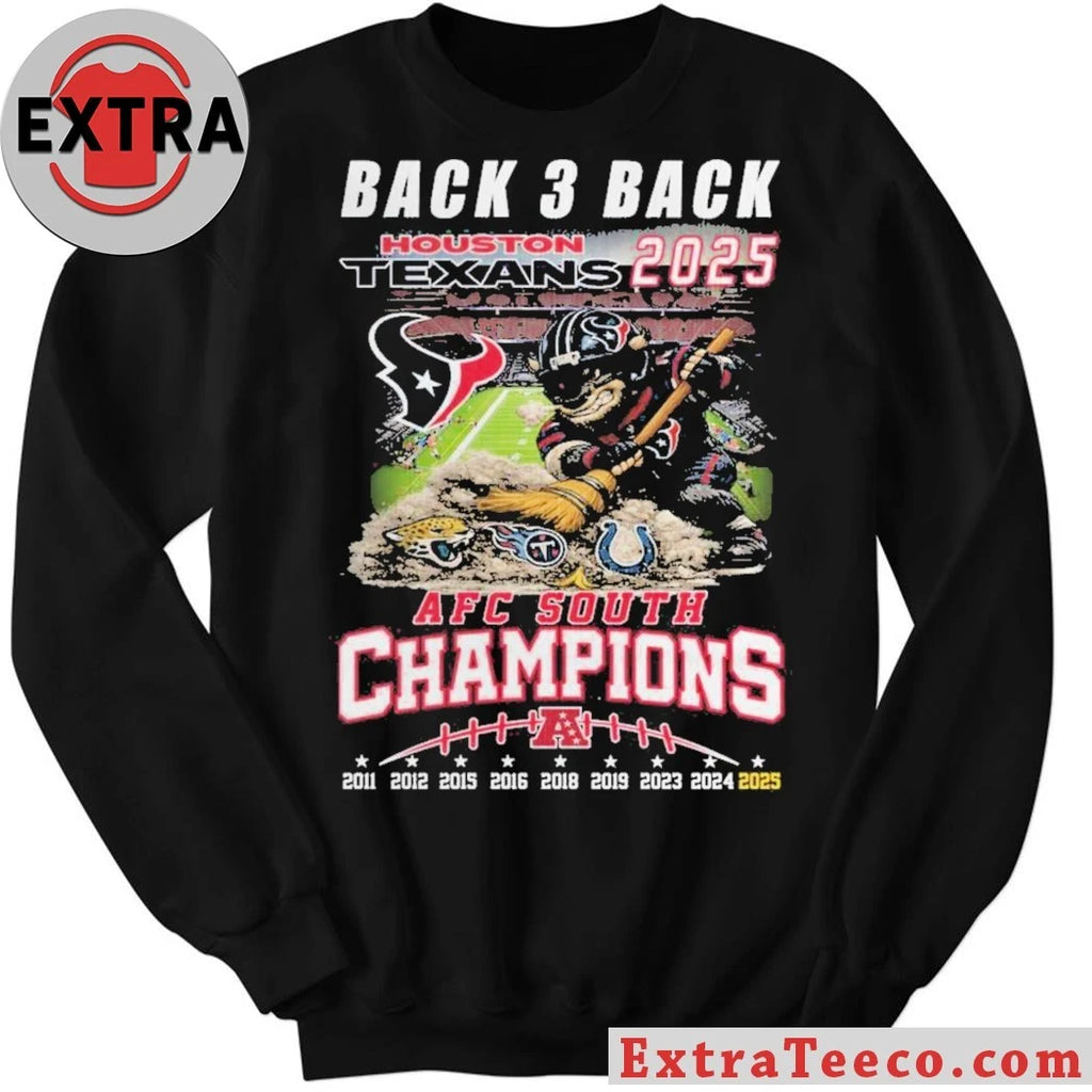 Official Houston Texans 2025 AFC South Champions Back-3-Back Mascot T-Shirt