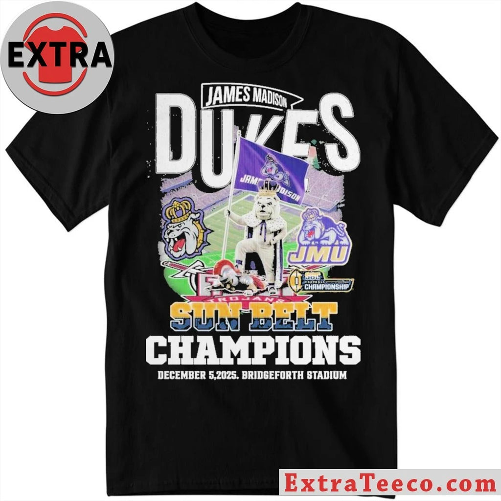 Official James Madison Dukes Sun Belt Champions December 5 2025 Bridgeforth Stadium Logo T-Shirt