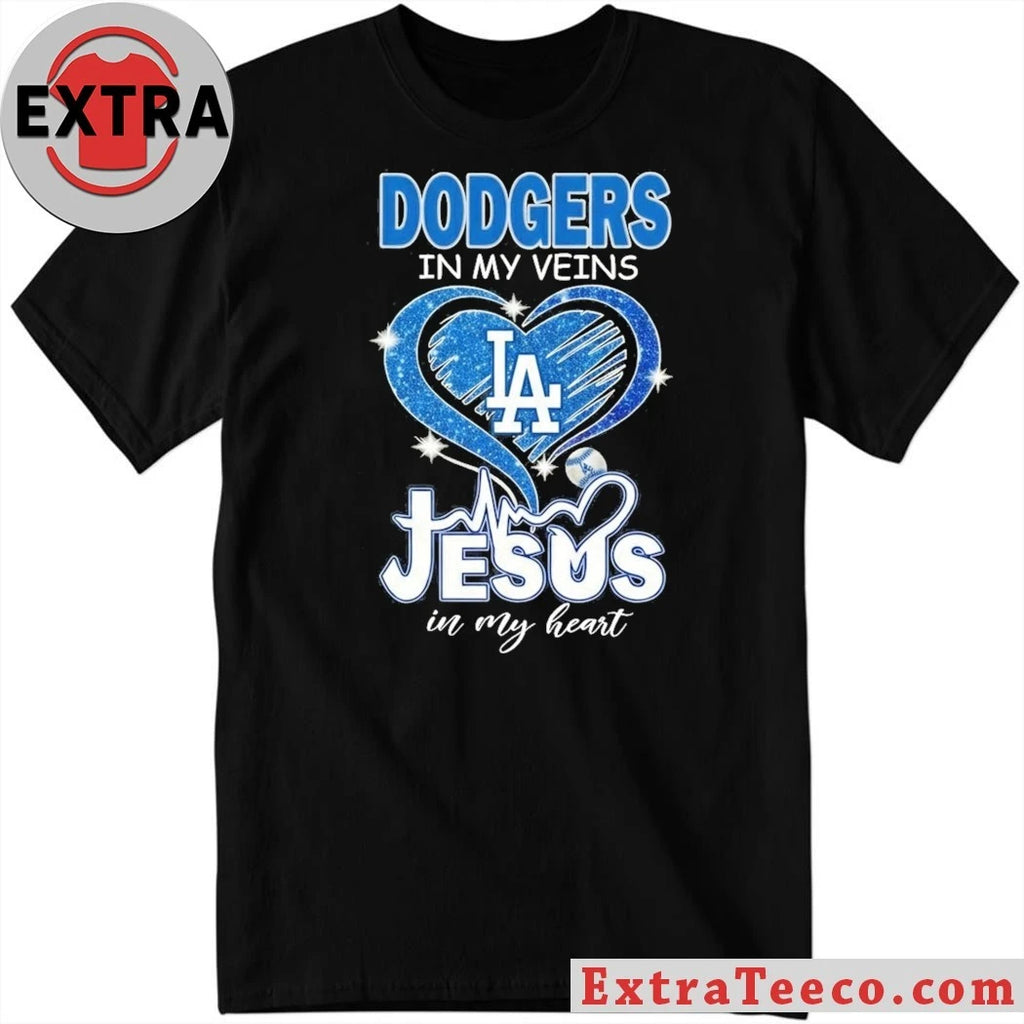Official Los Angeles Dodgers In My Veins Jesus In My Heart Logo T-Shirt