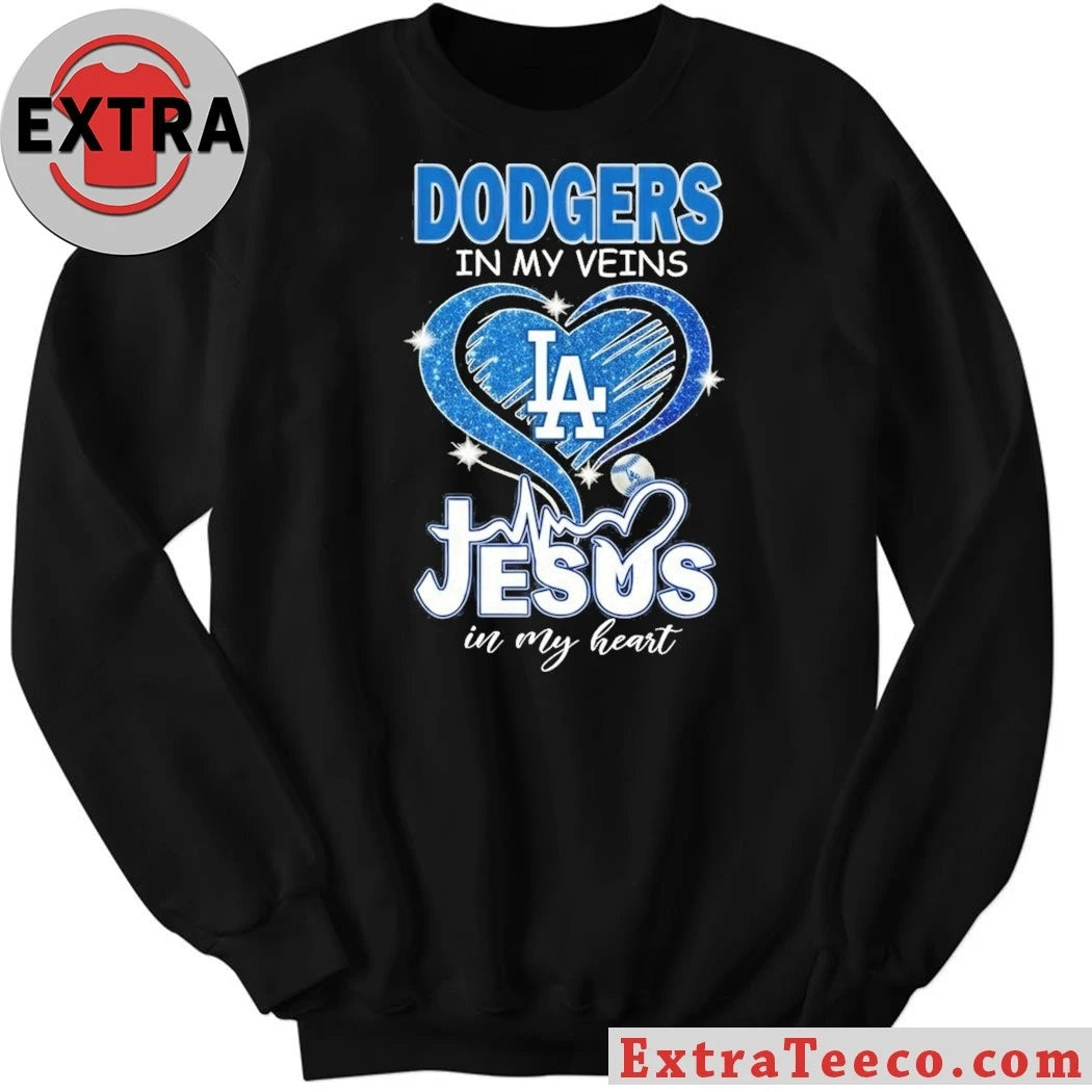Official Los Angeles Dodgers In My Veins Jesus In My Heart Logo T-Shirt