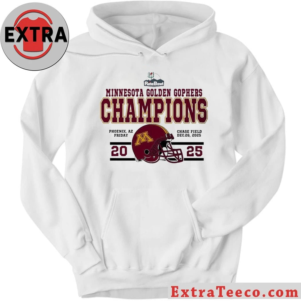 Official Minnesota Golden Gophers 2025 Rate Bowl Champions December 26, 2025, at Chase Field in Phoenix, Arizona Helmet And Logo Shirt