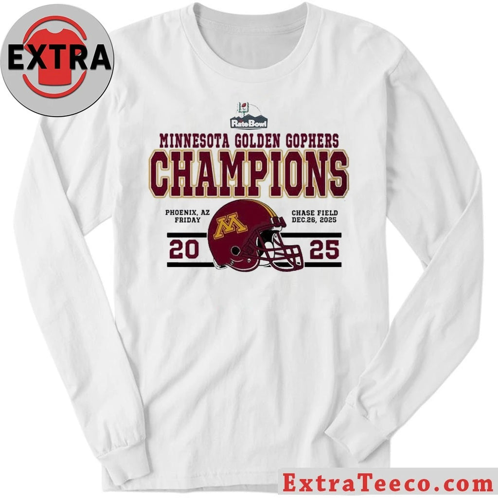 Official Minnesota Golden Gophers 2025 Rate Bowl Champions December 26, 2025, at Chase Field in Phoenix, Arizona Helmet And Logo Shirt