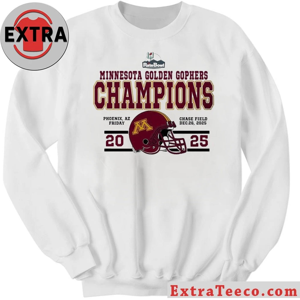 Official Minnesota Golden Gophers 2025 Rate Bowl Champions December 26, 2025, at Chase Field in Phoenix, Arizona Helmet And Logo Shirt
