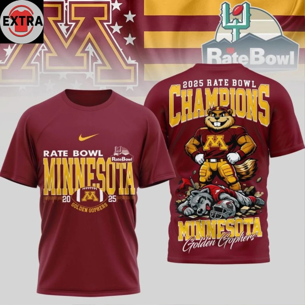 Official Minnesota Golden Gophers NCAA Rate Bowl Champions 2025 Logo Hoodie T-Shirt