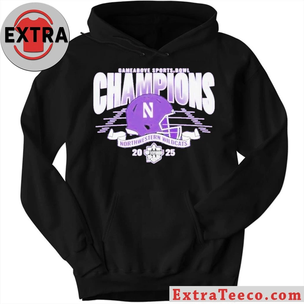 Official Northwestern Wildcats Purple Blue 84 2025 Game Above Sports Bowl Football Champions Helmet And Logo T-Shirt