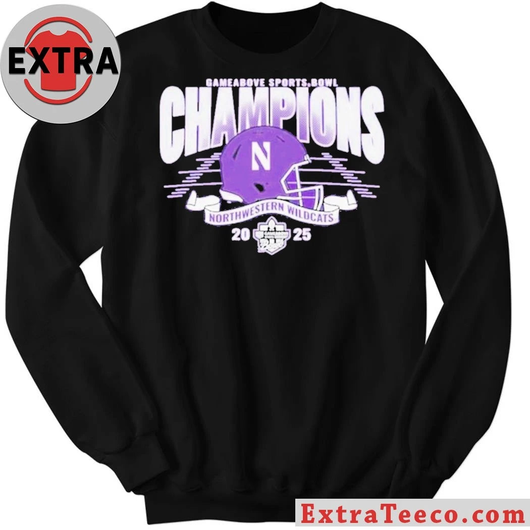 Official Northwestern Wildcats Purple Blue 84 2025 Game Above Sports Bowl Football Champions Helmet And Logo T-Shirt