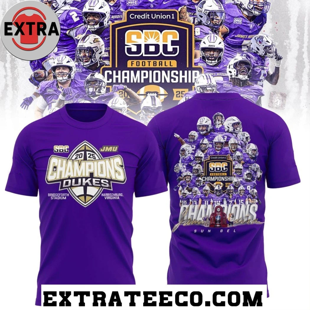 Official Purple James Madison Dukes 2025 Sun Belt Football Champions Logo Hoodie Shirts