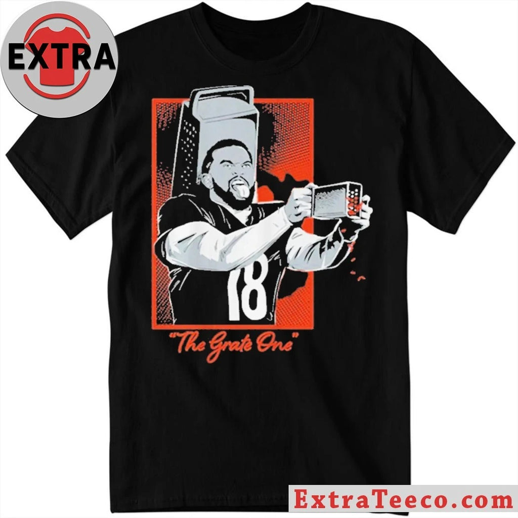 Official T-shirt featuring a caricature of a football player with a grater on his head and a The Grate One caption